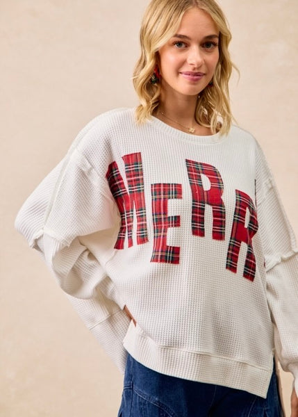 Plaid "Merry" White Waffle Long Sleeve