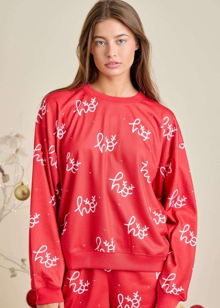 Red Rhinestoned "Ho, Ho, Ho" Printed Longsleeve Top