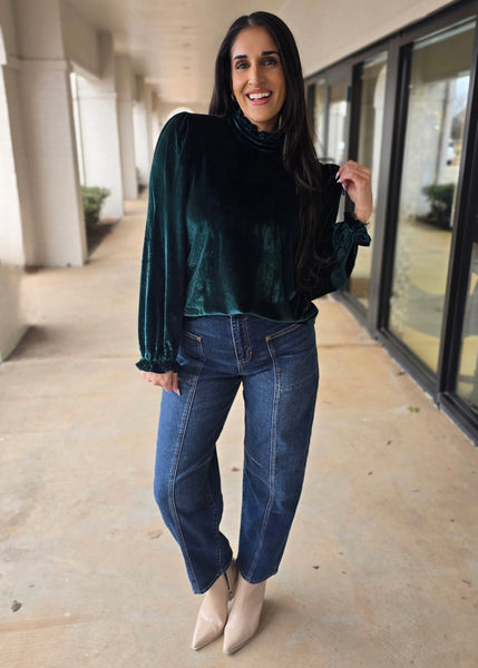 Under The Mistletoe Green Velvet Puff Sleeve Top