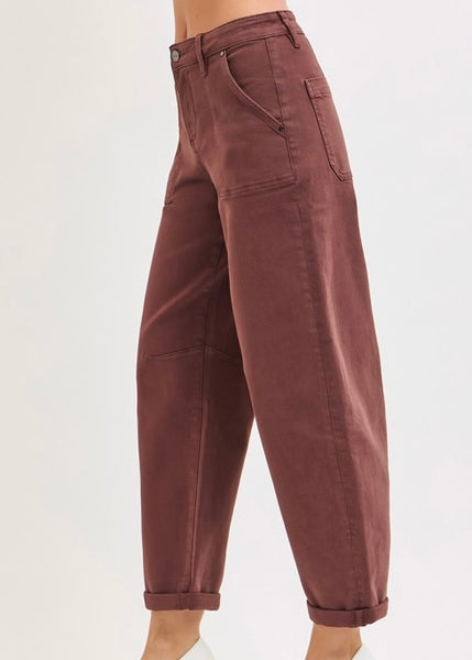 Adeline High Rise Brown Ankle Cuffed Barrel Pants