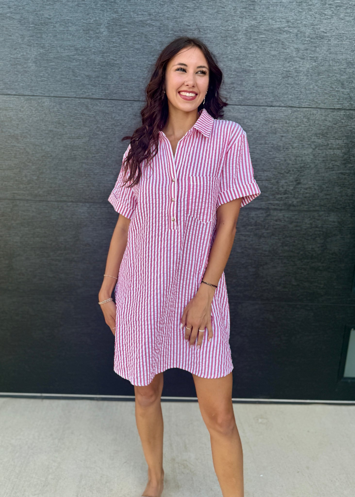 Casual Classic Red/White Striped Seersucker Shirt Dress