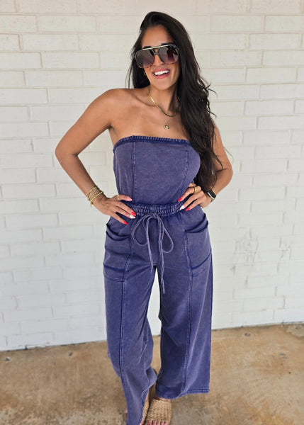 No Exposure Navy Strapless Jumpsuit