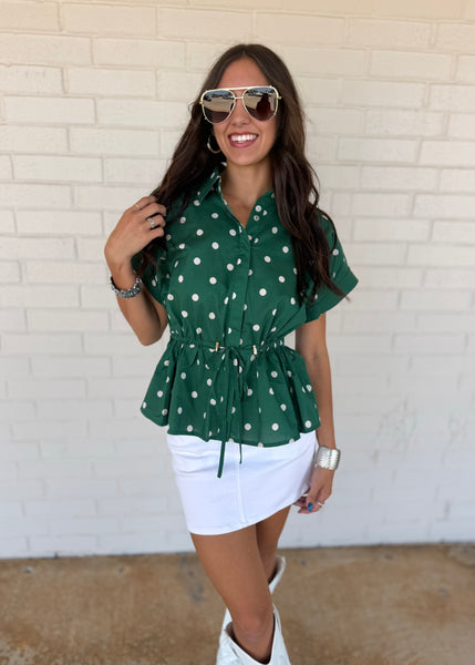 Simon Says Green & White Polka Dot Tie Top