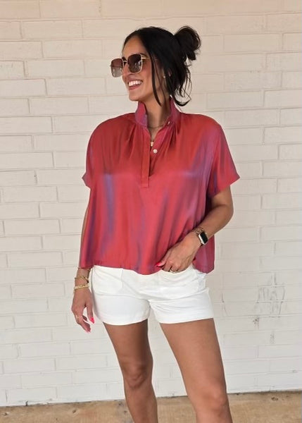 Sunset Serenade Rust Iridescent Short Sleeve Top