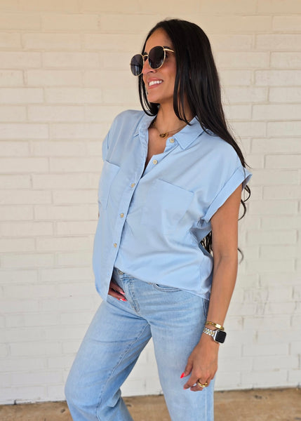 Makes Sense Blue Collared Button Up Top