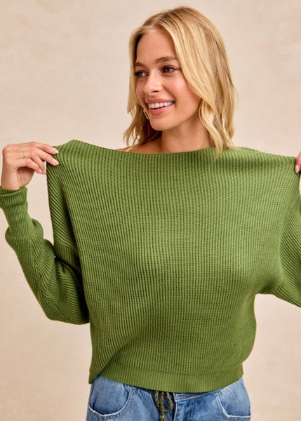 Fireside Casual Off The Shoulder Olive Waffle Knit Top