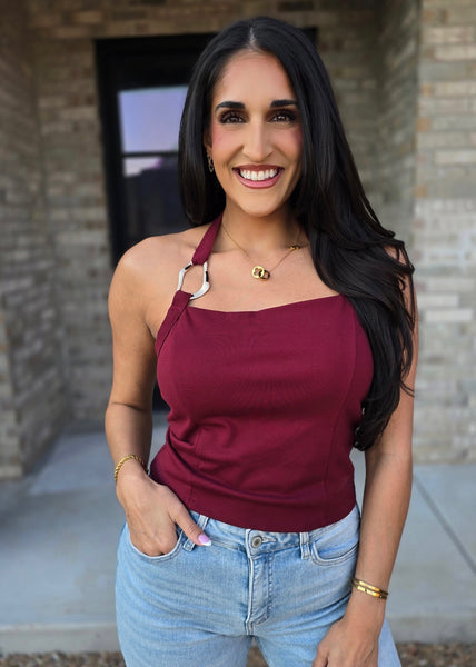 To Be Happy Burgundy Halter Top With Gold Accent
