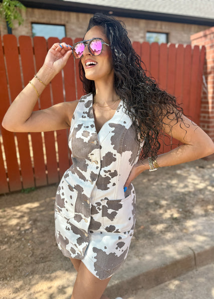 Girls Just Wanna Have Fun Cow Print Denim Dress