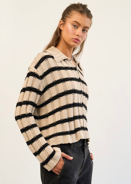 Unwind Taupe/Black Stripe Zip Up Sweater