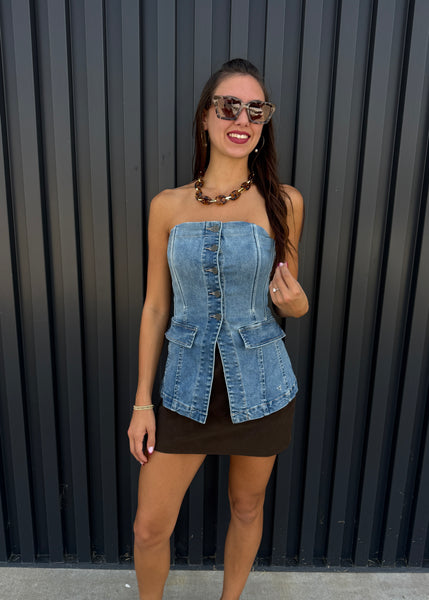 Hidden Request Denim Strapless Button Up Top