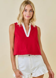 Tailgating Time Sleeveless V Neck Red/White Poplin Top