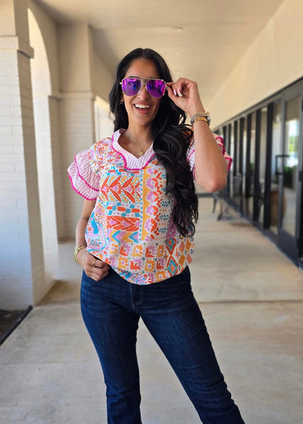 Preppy Charm Pink Boho Floral Top