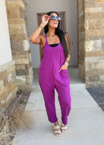 Subtle Stride Hot Lt. Plum Spaghetti Strap Pocketed Jumpsuit