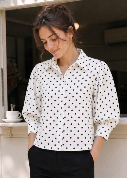 Perfectly Polkadot Top Bk/White Button Up Top