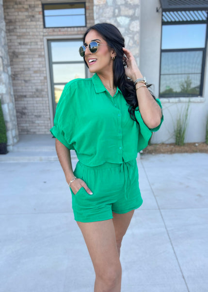 Treasured Times Green Gauze Oversized Button Up Cropped Shirt