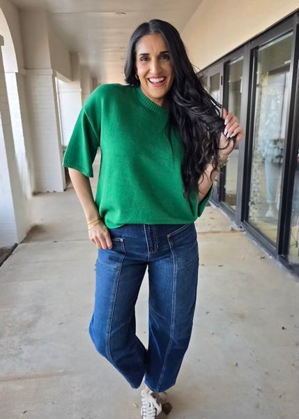 Knocking At My Door Short Sleeve Oversized Green Sweater