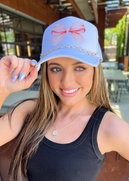 Pink Bow White Trucker Hat With Chain