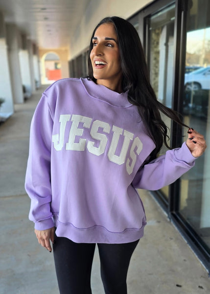 "Jesus" Lavender Oversized Graphic Mock Neck Sweatshirt