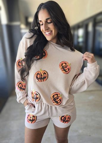Halloween Sequin Pumpkin Corded Two Piece Shorts Set