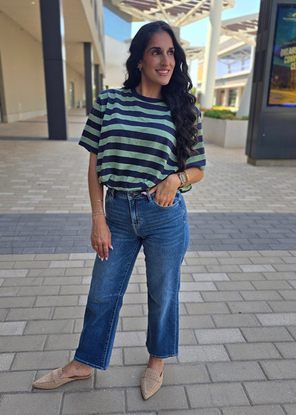 Walk This Way Navy/Olive Cropped Bubble Tee