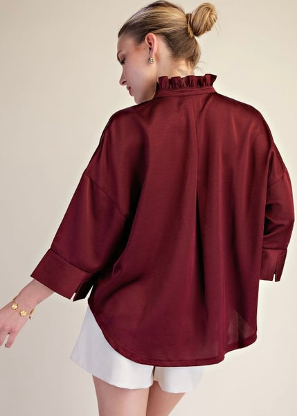 Makes Sense Burgundy Gold Button Up Blouse