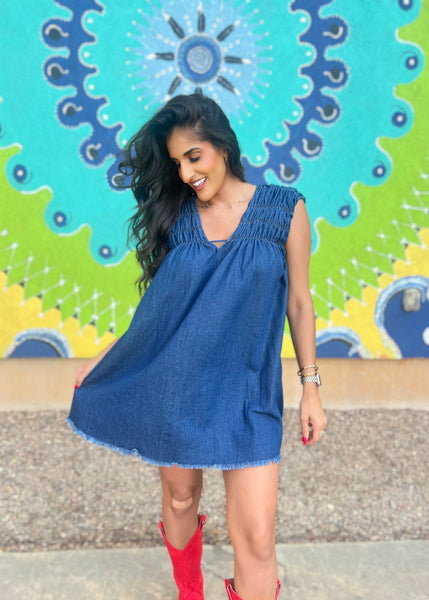 You Are Worthy Blue Denim Sleeveless Mini Dress