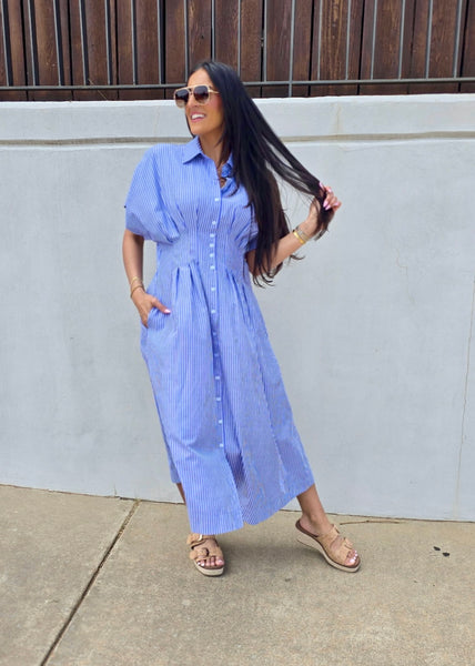 Right On Time Blue Striped Midi Dress