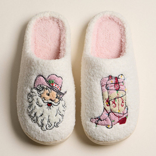 Cowboy Santa and Pink Boot Sherpa Slippers