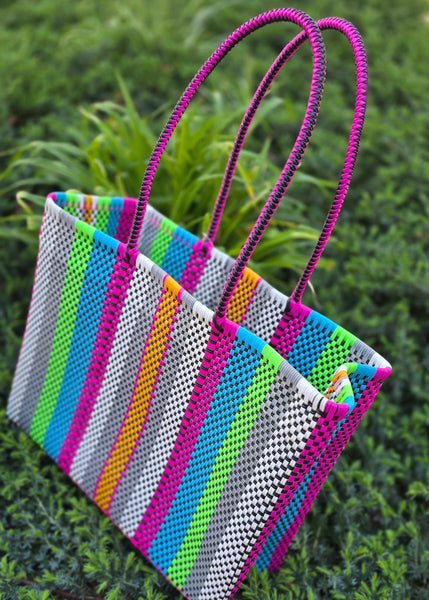 Summer Of Color Woven Single Strap Tote Bag/Grey & Bright Striped