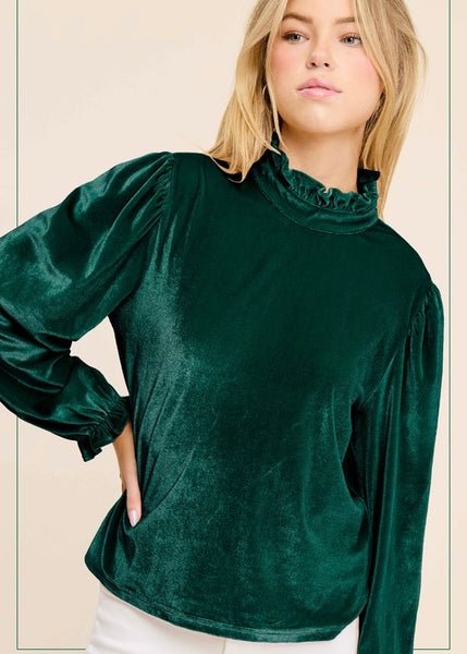 Under The Mistletoe Green Velvet Puff Sleeve Top
