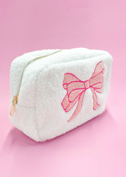 Pink Bow Teddy Cosmetic Zipper Bag - Large