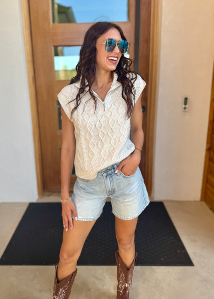Morning Sunrise Ivory Zip Up Sleeveless Sweater Top