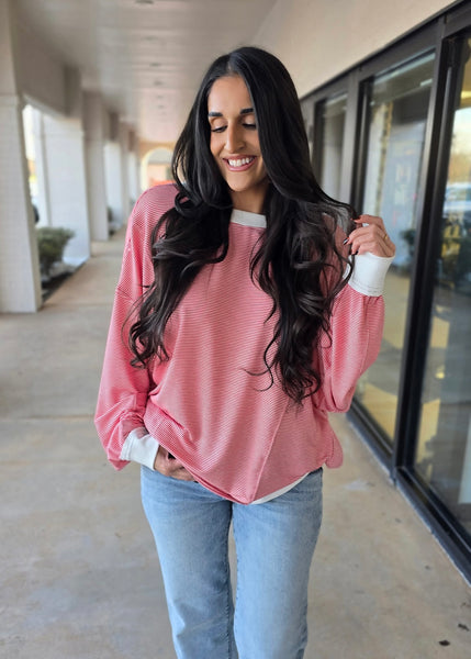 Just Wait For It Red & White Striped Knit Sweatshirt Top