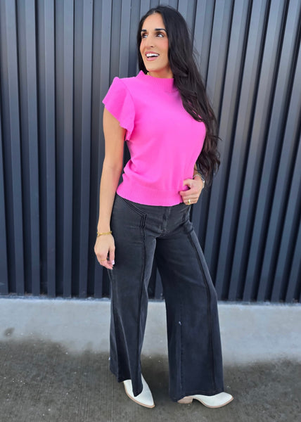 Sweet Shores Pink Ruffle Sleeve Sweater Top