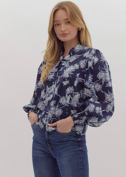 Thanks To You Blue Floral Button Up Top