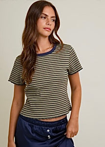 Navy and Green Stripe Lettuce Hem Top