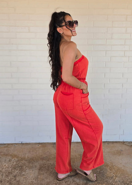 No Exposure Red Strapless Jumpsuit