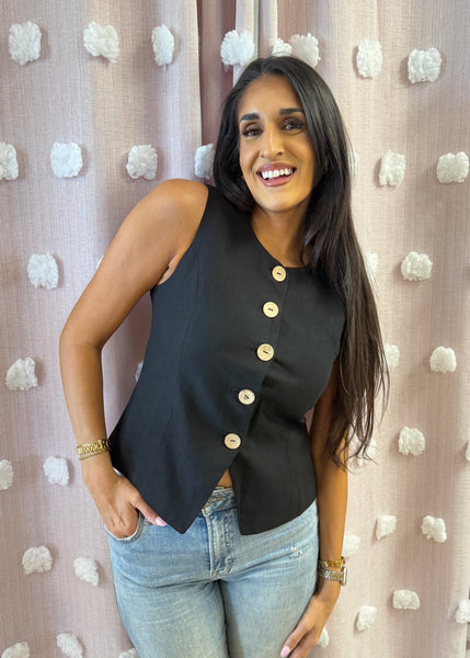 So True Black Linen Button Up Vest