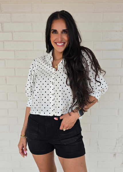 Perfectly Polkadot Top Bk/White Button Up Top