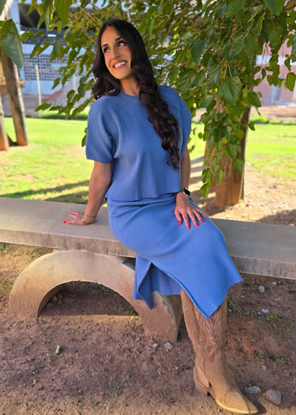 In A Breeze Blue 2 pc Ribbed Skirt Set
