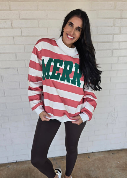 Red Striped "Merry" Mock Neck Sweatshirt