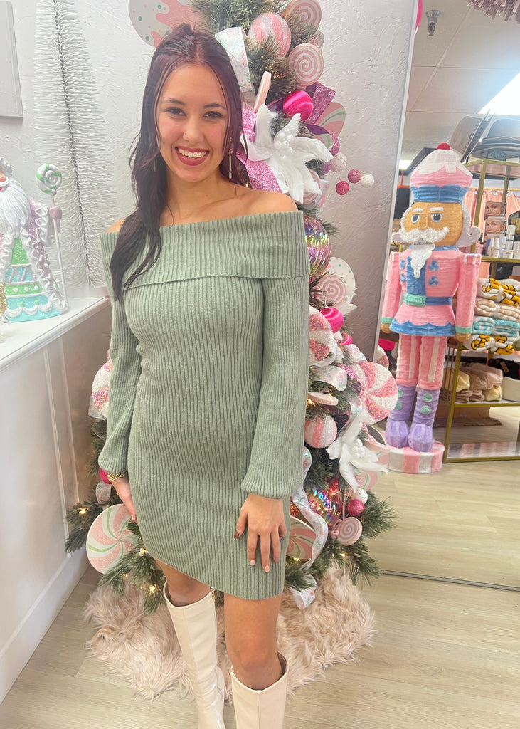 Dreaming Of Olive Off-Shoulder Sweater Dress - LARGE Pink Attitude Boutique Dreaming Of Olive Off-Shoulder Sweater Dress - LARGE Pink Attitude Boutique
