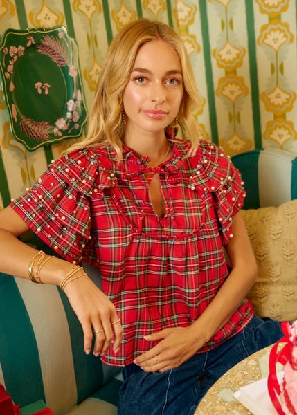 All Wrapped Up Plaid Pearl Sleeve Top