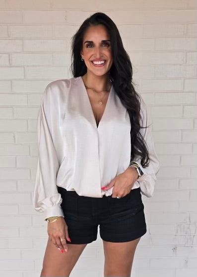 Rely On Me Cream V Neck Cross Over Long Sleeve Blouse