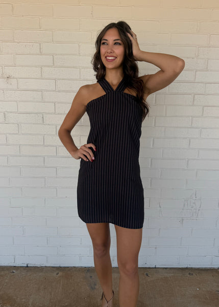 Fine Lines Black Pin Striped Halter Dress