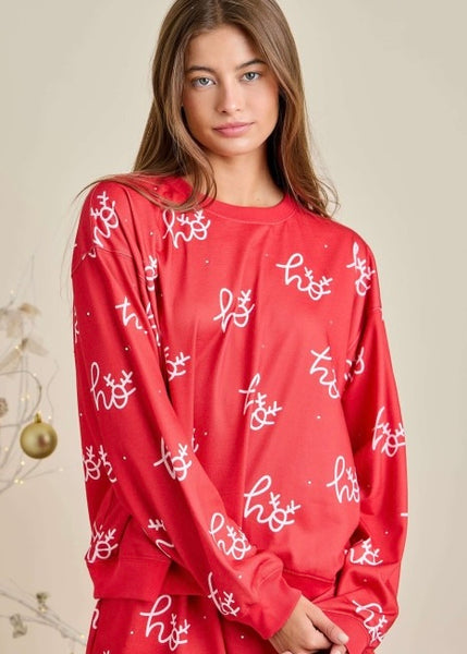 Red Rhinestoned "Ho, Ho, Ho" Printed Longsleeve Top