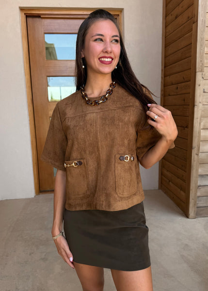 Beautiful Things Brown Suede Short Sleeve Top