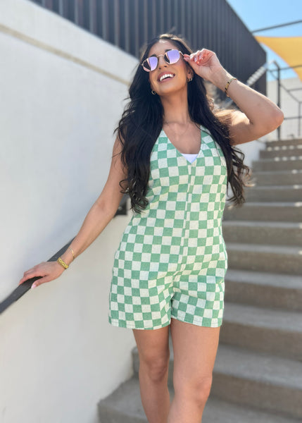 Playtime Fun Green Checkered Denim Romper