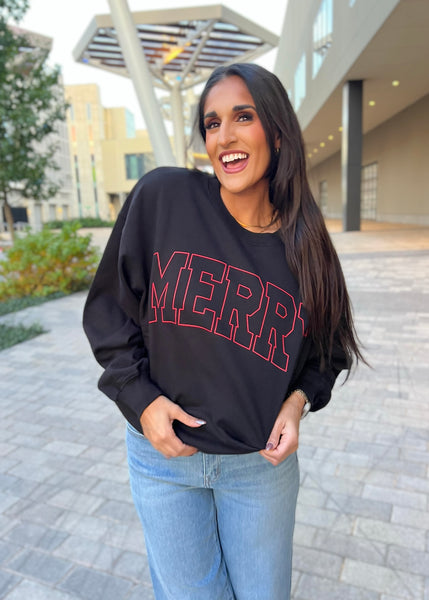 "MERRY" Black Crewneck  Graphic Sweatshirt