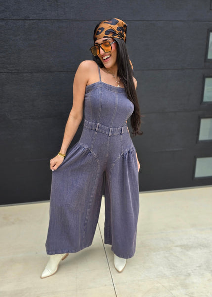 Caught Out Of Town Denim Wide Leg Jumpsuit